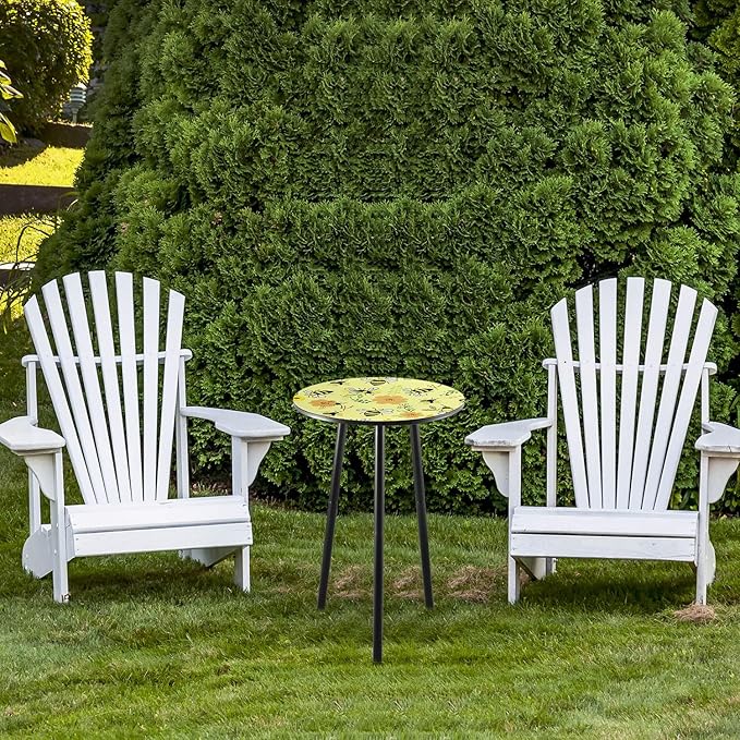 2 Packs Metal Mosaic Round Side Table 13.2" Small Outdoor Patio Round Accent Coffee Tables Indoor Corner Stand for Small Spaces Weather-Resistant for Balcony Plant Stand, Yellow Bee