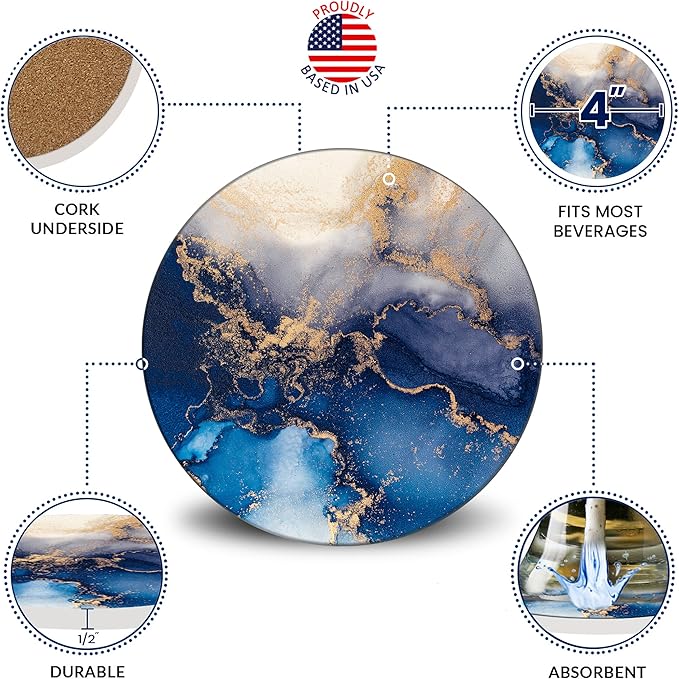 Emerson Coasters for Drinks Absorbent – Natural Stone Drink Coasters Set with Holder, Coasters for Coffee Table, Wooden Tabletop Protection Marble Style – 100% Heavy Duty Set of 6 (Blue Mist)