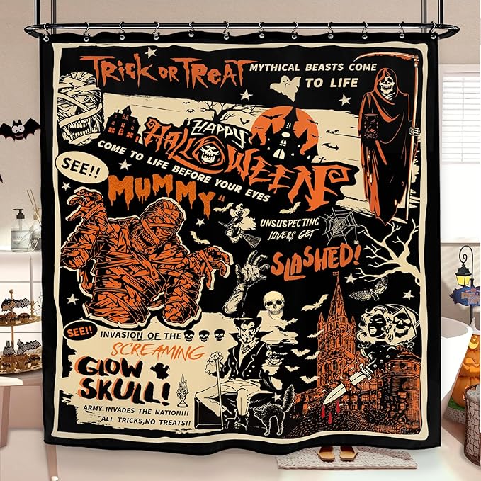Halloween Horror Scary Shower Curtain 60Wx72L Inch Mummy Skull Spooky Trick Or Treat Vintage Gothic Retro Holiday Bathroom Set Accessories Decor with 12 Pack Hooks