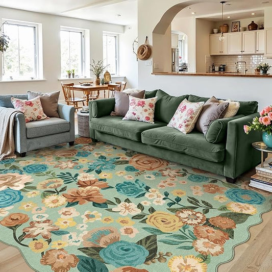Washable Floral Area Rug 5x7 Green Living Room Carpet Scalloped Flower Non Slip Soft Bedroom Rug Farmhouse Low Pile Thin Indoor Floor Cover for Office Dining Room Kitchen Bathroom