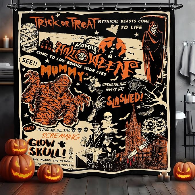 Halloween Horror Scary Shower Curtain 60Wx72L Inch Mummy Skull Spooky Trick Or Treat Vintage Gothic Retro Holiday Bathroom Set Accessories Decor with 12 Pack Hooks