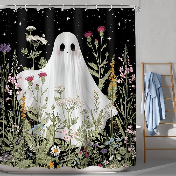 LGhtyro Funny Ghost Kids Shower Curtain Bathroom Set 60Wx71H Inches Halloween Spooky Wildflower Floral Rustic Plant Leaf Botanical Bath Accessories Starry Night Sky Art Home Decor Fabric 12 Pack Hooks