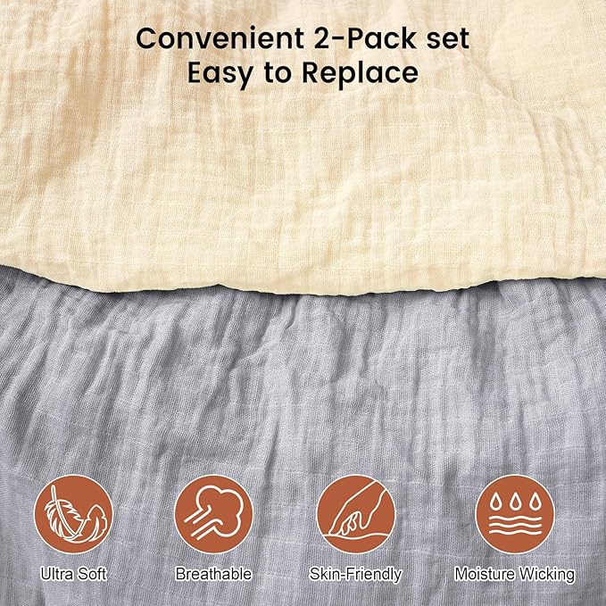Muslin Crib Sheets for Boys Girls, 2 Pack 100% Cotton Soft Breathable Fitted Baby Sheet Set, 28x52 Inch Fits Standard Crib and Toddler Mattresses, Beige & Grey