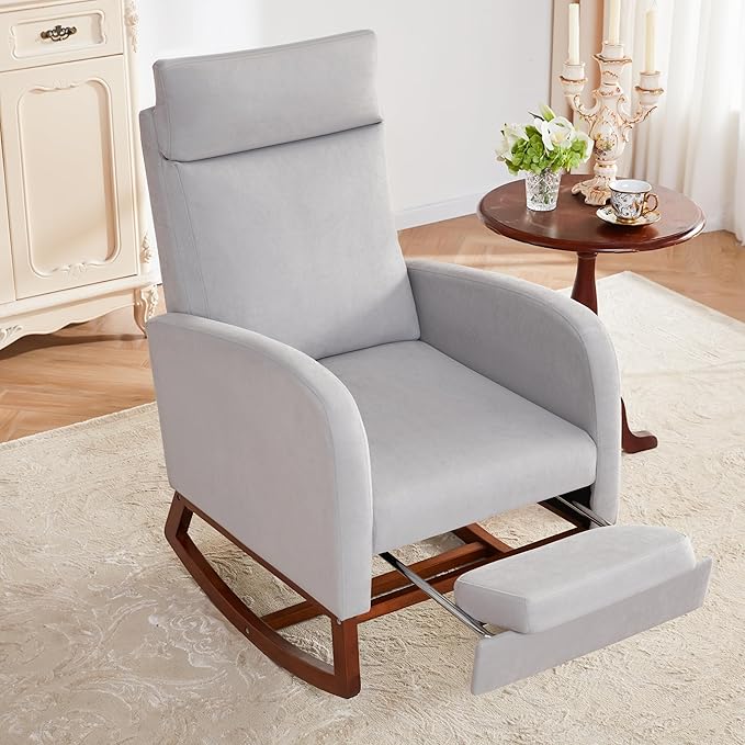 Rocking Chair Nursery Chair with Foot Rest, Nursery Rocking Chairs with High Back, Glider Rocking Chair with Pocket, Baby Nursery Glider Rocker, Nursing Chair Accent Living Room (Linen Grey)