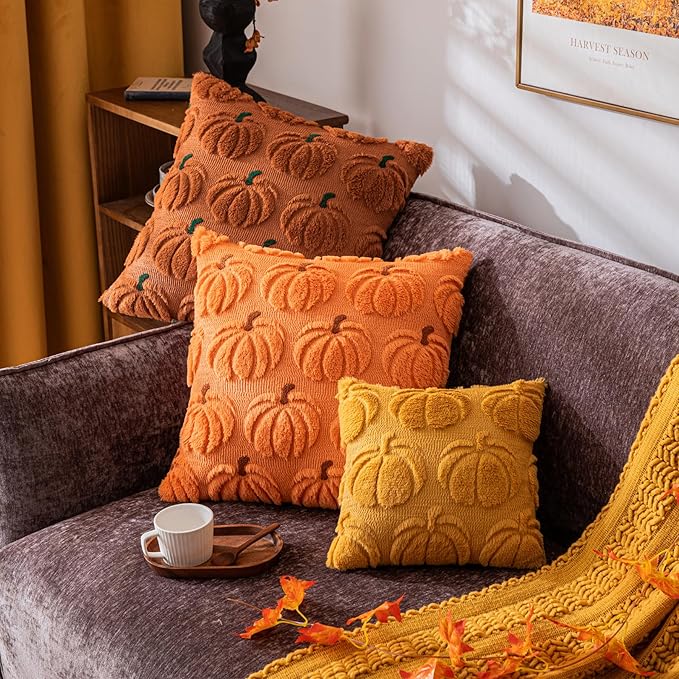 Pumpkin Fall Decorative Throw Pillow Covers 20"x20", Set of 2 Orange Brown Soft Faux Fur Pillow Covers for Autumn Harvest, Fluffy Plush Accent Pillow Cases for Farmhouse Halloween Decor