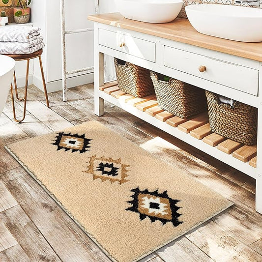 DEXDE Boho Bathroom Rugs Cream Beige Bath Mat Non Slip Western Geometric Bath Rug Luxury Soft Absorbent Carpet for Bathroom Shower Kitchen Entryway Farmhouse Neutral Decor 24x36