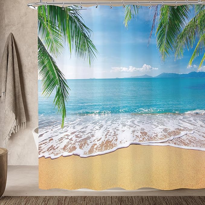 Ocean Beach Shower Curtain 72x72 Summer Seaside Bath Curtain Set Island Nature Scene Palm Tree Tropical Bathroom Decor Relax Nautical Coastal Shower Curtain
