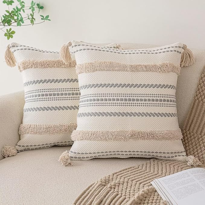 Boho Throw Pillow Covers 18x18 Set of 2 Woven Tufted Farmhouse Pillows Cover with Tassels Textured Striped Cushion Case Neutral Pillow Cases Decorative Pillowcase for Sofa, Couch, Bed, Khaki