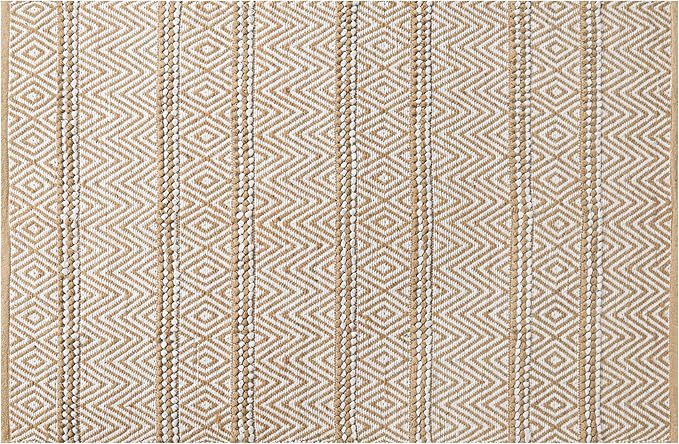 Natural Jute Cotton Area Rug 5x7 FT - Machine Washable, Neutral Ivory, Durable Eco-Friendly Farmhouse Living Room Bedroom Carpet - 70% Jute 30% Cotton Textured Stripe Entryway Rug