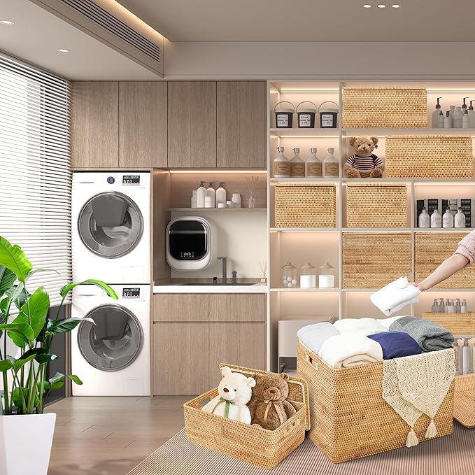 Rattan Basket With Lid,Large Storage Basket Lidded,Rattan Box For Shelf (16.5" L×12.6"W×7"H)