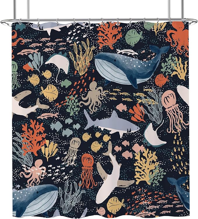 Kids Shower Curtain, Cartoon Fish Shark Whale Ocean Theme Sea Animal Shower Curtain for Bathroom 72x72 Cute Underwater Marine Bathtub Curtain Girls Boys Bathroom Decor