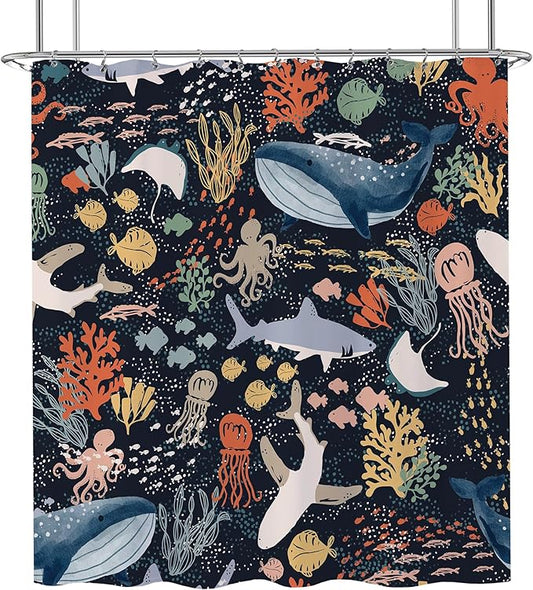 Kids Shower Curtain, Cartoon Fish Shark Whale Ocean Theme Sea Animal Shower Curtain for Bathroom 72x72 Cute Underwater Marine Bathtub Curtain Girls Boys Bathroom Decor