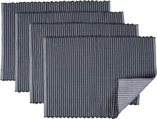 Sticky Toffee Woven Cotton Placemats Set of 4, Gray Ribbed 14 x 19 in, Washable Table Mats for Dining Table or Kitchen