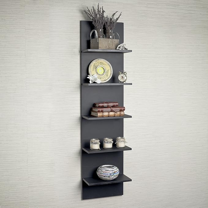 Danya B. Narrow Decorative Wall Mount Vertical Shelving Unit – Modern Column with 5 Shelves Home or Office for Books, Décor Display – Black Grain Finish