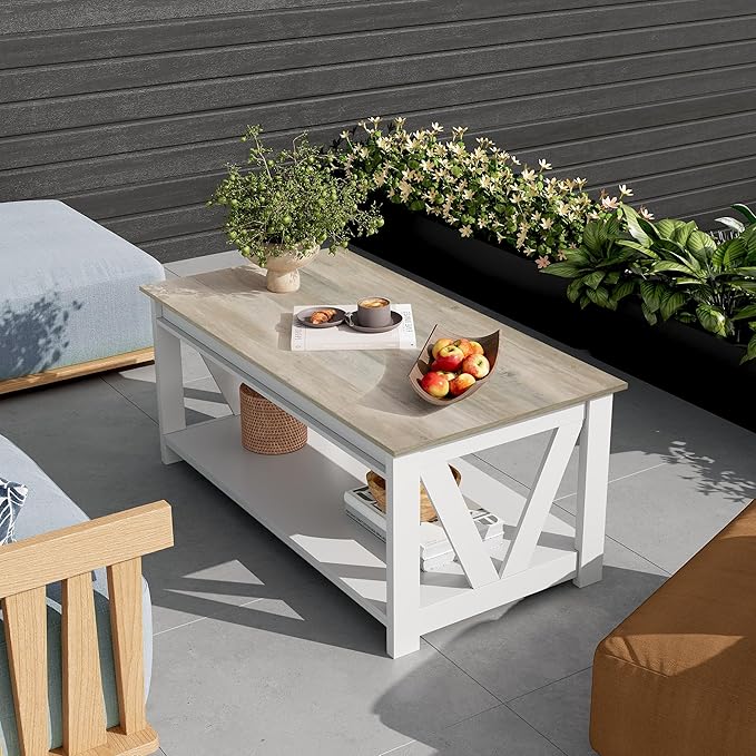 WLIVE Coffee Table, 43" Farmhouse Coffee Table with Storage Shelf & Sturdy V-Shaped Support, Wood Center Table for Living Room, Bedroom, Office and Balcony, White