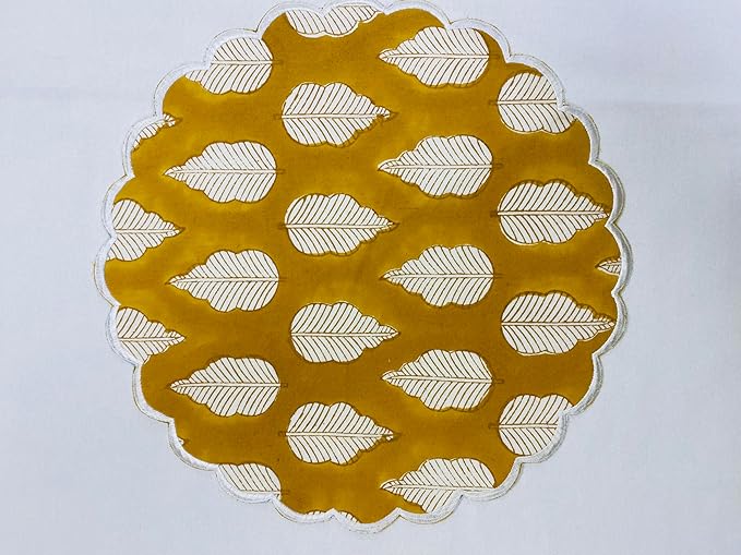Ridhi Yellow Leaves Bo-ho Round Place Mat Double Layer Floral Cotton Washable Placemats 15" Round Embroidery Block Print Table Mat Pack of 4-15 Inch Round