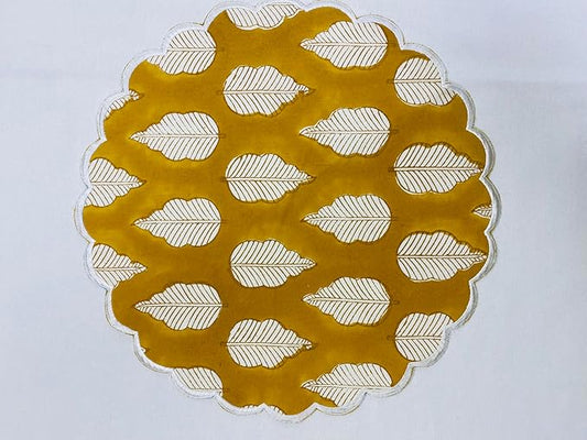 Ridhi Yellow Leaves Bo-ho Round Place Mat Double Layer Floral Cotton Washable Placemats 15" Round Embroidery Block Print Table Mat Pack of 4-15 Inch Round