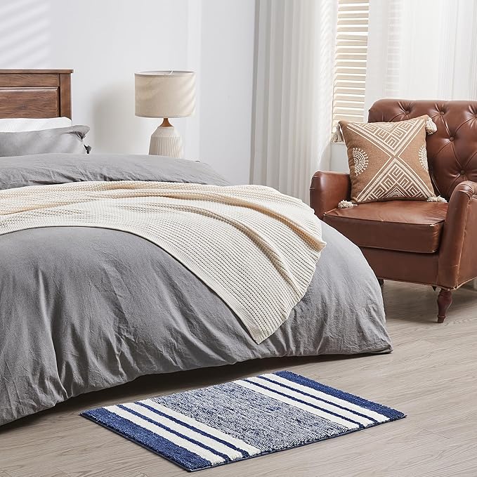 CozeCube Blue Striped Bath mats for Bathroom Non Slip, Fluffy Absorbent Microfiber Bath mat Washable, Aesthetic Bathroom Rugs, Cute Bath mat for Sink, 24" x 16"