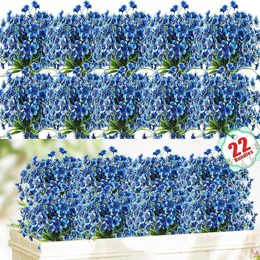 22 Bundles Artificial Flowers Outdoor, Faux Flowers UV Resistant with Plastic Plants, Faux Silk Flowers for Outdoors Outside Front Porch Hanging Planter Window Box Garden Decoration(Blue)