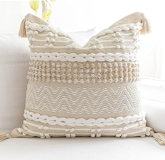 Boho Throw Pillow Cover 22X22, Large Decorative Accent Pillow for Couch, Square Woven Textured Pillowcase, Modern Boho Pillow for Bed, Bohemian Pillow Cover, Cream White (Pack of 1)