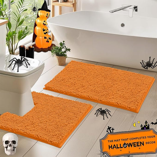 Orange Bathroom Rugs Chenille 2-Piece Bath Mat Set, Soft Plush Bath Rug +Toilet Mat.1'' Microfiber Shaggy Carpet, Super Absorbent Machine Washable - Square Curved Set (20”x 30” + 20”x20” U, Orange)