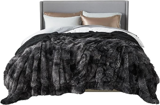 Bedsure Fluffy Tie Dye Black Blankets Queen Size for Bed, Thick Sherpa Faux Fur Fleece Fuzzy Plush Winter Warm Soft Full Queen Blankets, Bedroom Decor Black Gifts Cozy Gifts for Women Men, 90x90