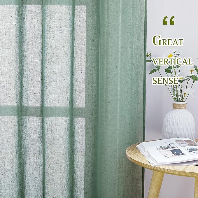 NICETOWN Linen Blend Flax Semi Sheer Window Curtains, Grommet Vertical Drapes Privacy with Light Through for Bedroom/Living Room, Olive Green, W52 x L72, 2 Pieces