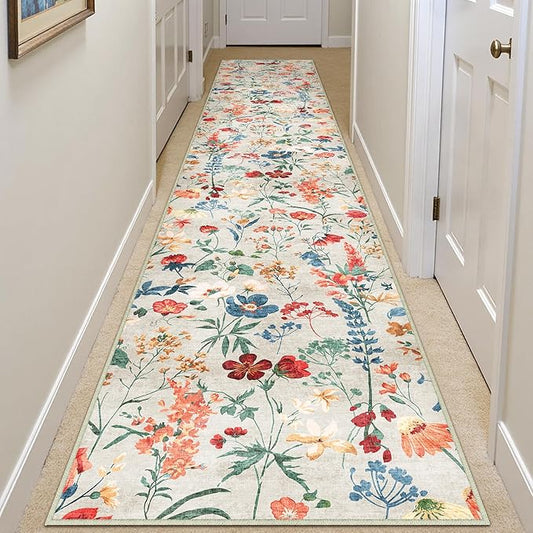 Floral Runner Rug 2x12 Washable Hallway Long Beige Bedroom Carpet Non Slip Indoor Boho Kitchen Low Pile Accent Rug Lightweight Soft for Bathroom Dining Laundry Living Room