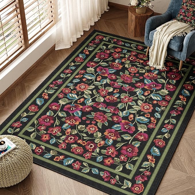Black Area Rug 3x5 Washable Living Room Non Slip Kitchen Soft Floral Indoor Carpet Vintage Low Pile Accent Throw Rug for Office Dining Room Nursery Bathroom Farmhouse