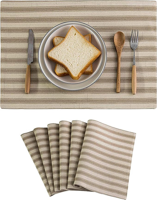Home Brilliant Farmhouse Placemats Set of 6 Heat Resistant Dining Table Placemats for Kitchen Table Dinner Decor, 13 x 19 inches, Stripes, Oatmeal Beige