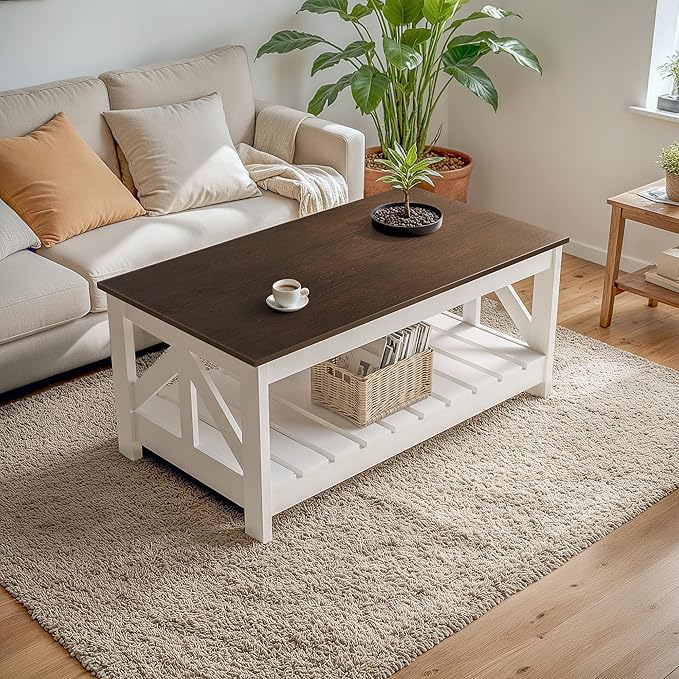 YESHOMY 39" Farmhouse Coffee Table, Coffee Tables for Living Room, Farmhouse Square Coffee Table with Storage, Couch Table, Small Tables for Small Spaces, Brown and White