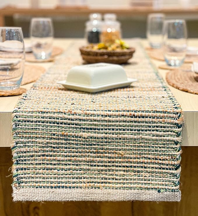 Chardin Home Natural Jute Table Runner 13x90 Inch – Vintage Boho Rustic Table Decor – Handwoven Jute Table Runner in Natural and Green– Farmhouse Dining or Console Table Accent