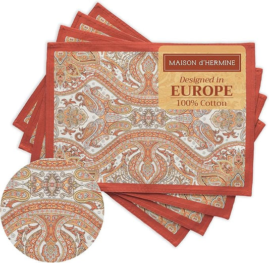 Maison d' Hermine Placemats Set of 4 100% Cotton Washable Cloth Place Mats, Reusable Table Mats for Kitchen Dining Decoration, Party, Wedding, Restaurant (Kashmir Paisley, 13" x 19")