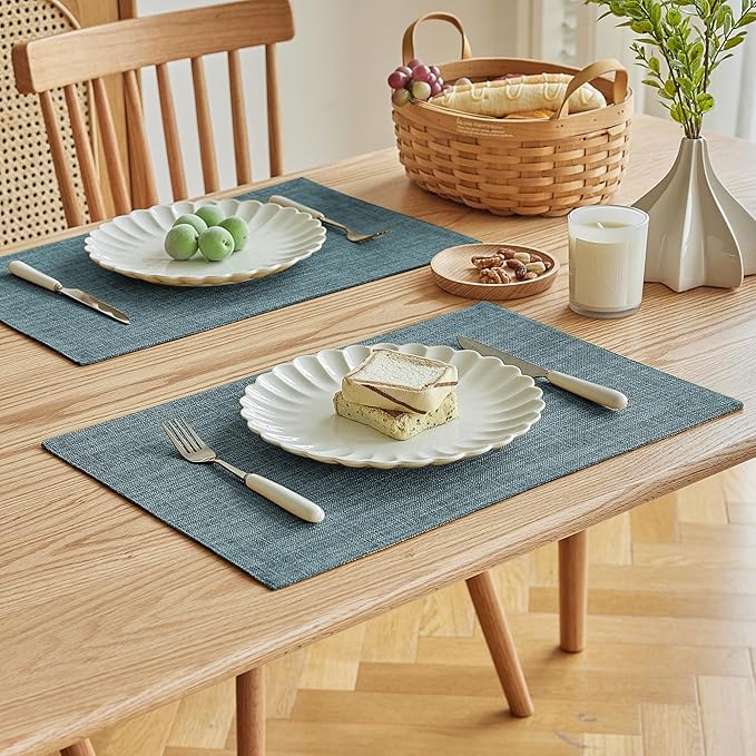 Softalker Faux Linen Placemats Set of 6-12 x 18 Inch, Heat Resistant Double Layered Durable Burlap Farmhouse Place Mats, Non-Slip Washable Rustic Table Mats for Dining, Kitchen, Party（Light Blue