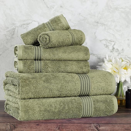 Superior Egyptian Cotton 6-Piece Towel Set, Assorted Towels, Home Bathroom, Master, Guest Bath, Decor Essentials, Includes 2 Bath, 2 Hand, 2 Face Towels/Washcloths, Quick Dry, Absorbent, Forest Green