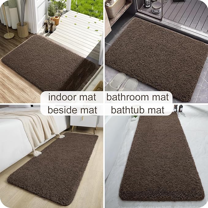 AROGAN Luxury Long Bathroom Runner Rug, 24x60 Inch Thick Soft and Absorbent Non Slip Bath Mat, Rubber Backing Quick Dry Rugs Carpets, Machine Washable Plush Mats for Shower Floor, Deep Brown