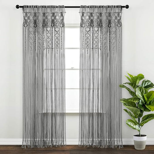 Lush Decor Boho Macrame Textured Cotton Window Curtain/Room Divider/Doorway/Wall Decor, 95 in x 40 in (L x W), Gray