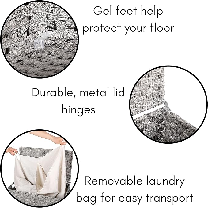 BIRDROCK HOME Laundry Hamper with Lid - Hand Woven PE Rattan Divided Sorter with Removable Liner Bags - Large Collapsible & Foldable Bin Clothes Basket Organizer for Bedroom & Bathroom - Double, Grey