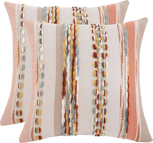 Tosleo Boho Throw Pillow Covers 18x18 Set of 2 Striped Decorative Pillow Cases Accent Chenille Pillowcases Farmhouse Cushion Case Bohemian Nuetral Textured Pillow Cover,Orange