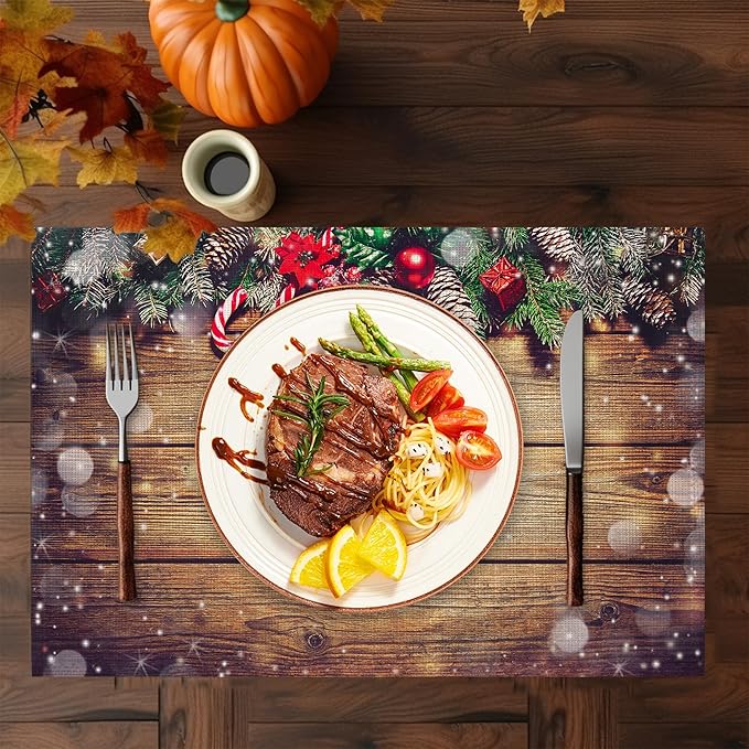 Christmas Placemats Set of 6,Washable Heat Resistant 12×18 Inch Linen Table Mats Wooden Place Mats for Party Outdoor Dining Décor