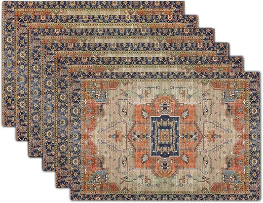 Aztec Terracotta Boho Placemats Set of 6 Vintage Rust Retro Carpet Linen Washable Kitchen Dining Table Mats Stain Heat-Resistant Desktop Decor Place Mats for Home Party Indoor 12x18 Inches