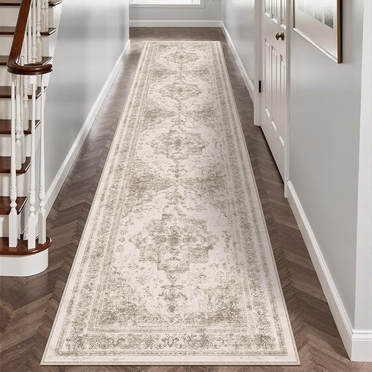 Runner Rug 2x12 Washable Taupe Hallway Runner Vintage Boho Medallion Non Slip Distressed Retro Carpet Indoor Low Pile Long Soft Rug for Kitchen Entryway Bedroom Bathroom Laundry