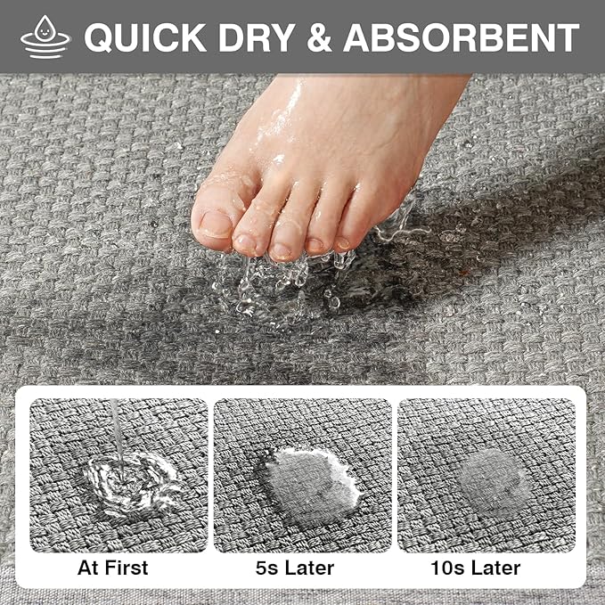 Quick Dry Absorbent Bathroom Rugs Mat Non Slip Bath Mat Ultra Thin Bath Mats for Bathroom Bathroom Mat Floor Rubber Backed Fit Under Door Woven Washable Bath Rugs Gray 16x24