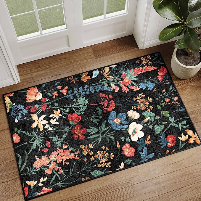 Black Area Rug 2x3 Entryway Floral Boho Door Mat Indoor Washable Kitchen Carpet Non Slip Bedroom Lightweight Low Pile Accent Rug for Bathroom Living Room Office Dining Room