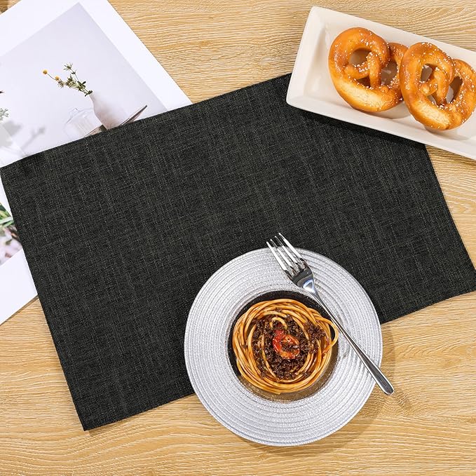 SHACOS Washable Woven Fabric Placemats Set of 6 Heat Resistant Place Mats Non Slip Thick Cloth Placemats Reversible Table Mats Indoor Outdoor Home Wedding Table Decor, Black