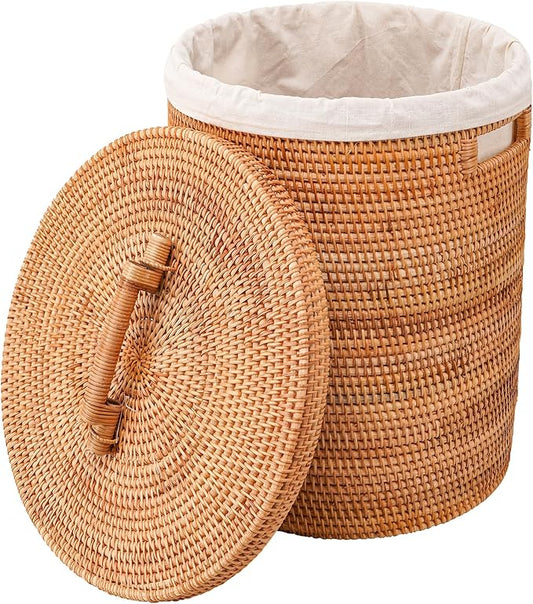 Rattan Laundry Hamper With Lid, Rattan Laundry Basket With Removable Liner Bag Handles (15.7" L×15.7"W×17.3"H）