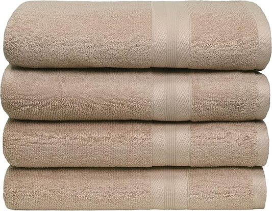 BOUTIQUO Premium Cotton 4 Pack Bath Towel Set - 100% Pure Cotton - 4 Bath Towels 27x54 - Ideal for Everyday use - Ultra Soft & Highly Absorbent - Tan