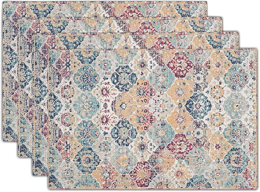 Ethnic Boho Placemats Set of 4 Bohemian Carpet Vintage Rust Coral Floral Carpet Linen Washable Kitchen Dining Table Mats Stain Heat-Resistant Desktop Decor Place Mats for Home Party Indoor 12x18 in