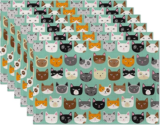 Cute Cat Placemats Set of 6, Waterproof Non-Slip Washable Table Mats Set for Kitchen Dining Holiday Party Wedding Decor 12x18 Inch