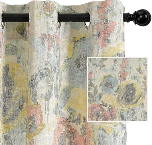 Cotton Curtains 95 Inch for Bedroom Burlap Effect Linen Curtain Draperies for Living Room Vintage Printed Pattern Drapes with Grommet Top Window Drapes,2 Panel, 52 x 95 Inch, Yellow and Natural